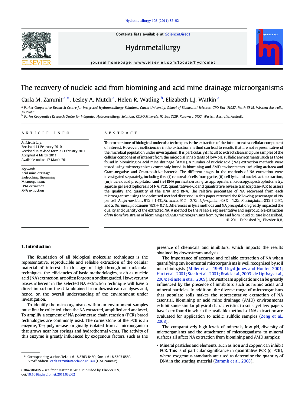 The recovery of nucleic acid from biomining and acid mine drainage microorganisms