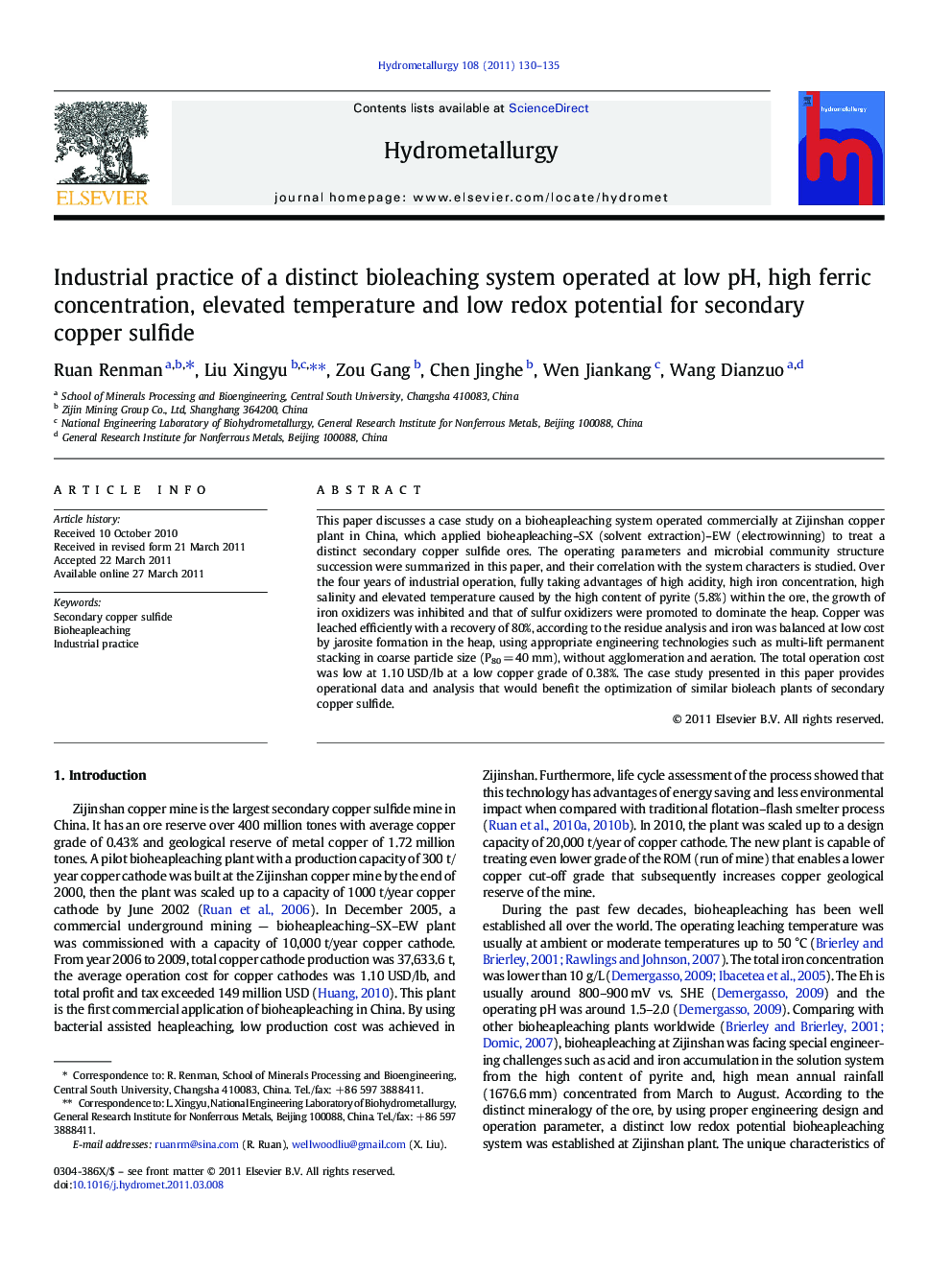 Industrial practice of a distinct bioleaching system operated at low pH, high ferric concentration, elevated temperature and low redox potential for secondary copper sulfide