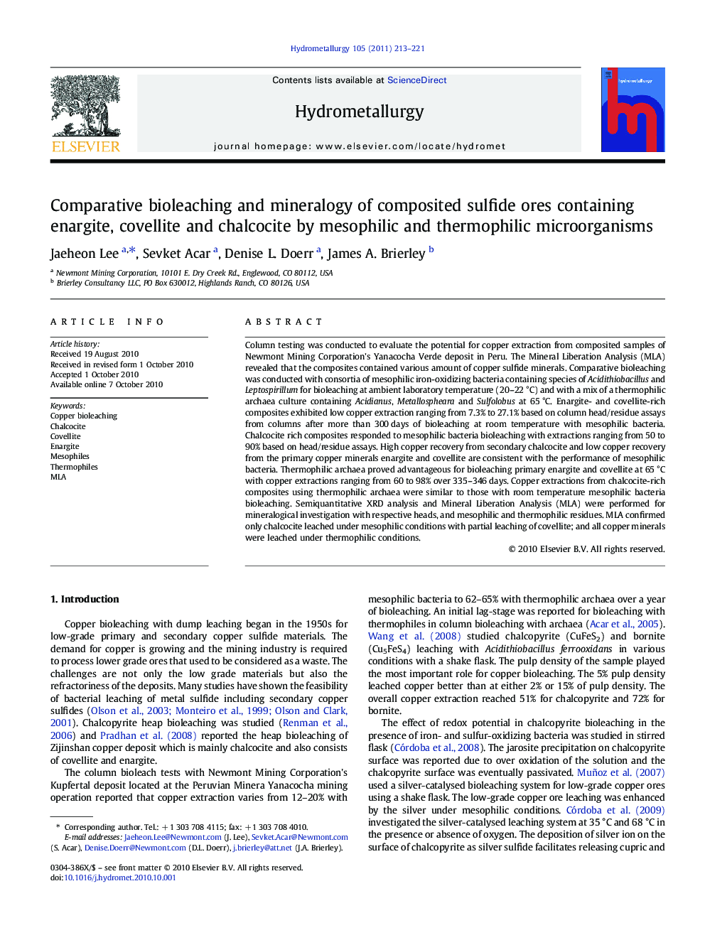 Comparative bioleaching and mineralogy of composited sulfide ores containing enargite, covellite and chalcocite by mesophilic and thermophilic microorganisms