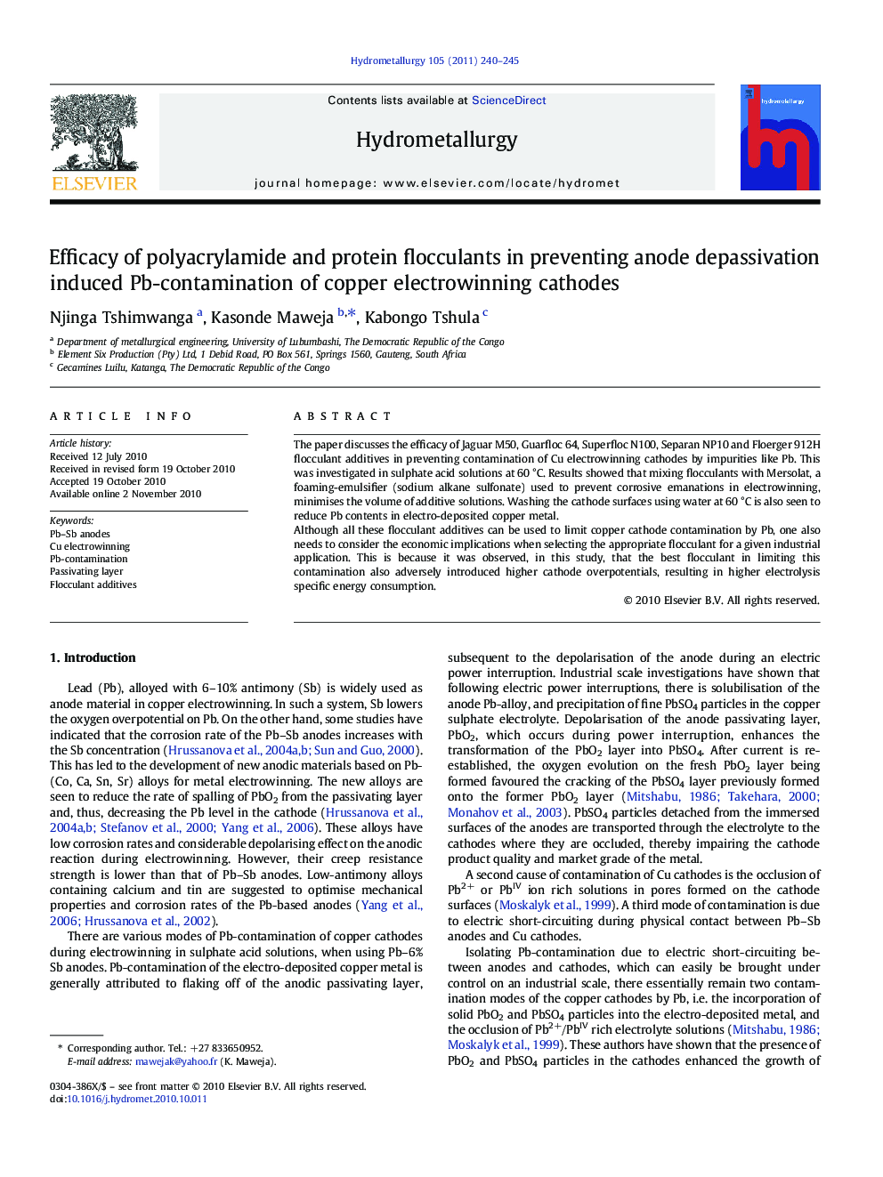 Efficacy of polyacrylamide and protein flocculants in preventing anode depassivation induced Pb-contamination of copper electrowinning cathodes