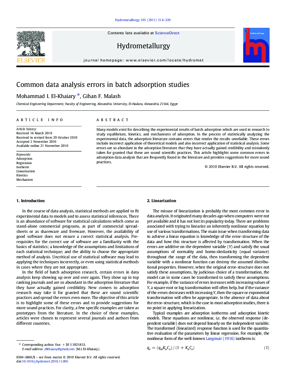 Common data analysis errors in batch adsorption studies