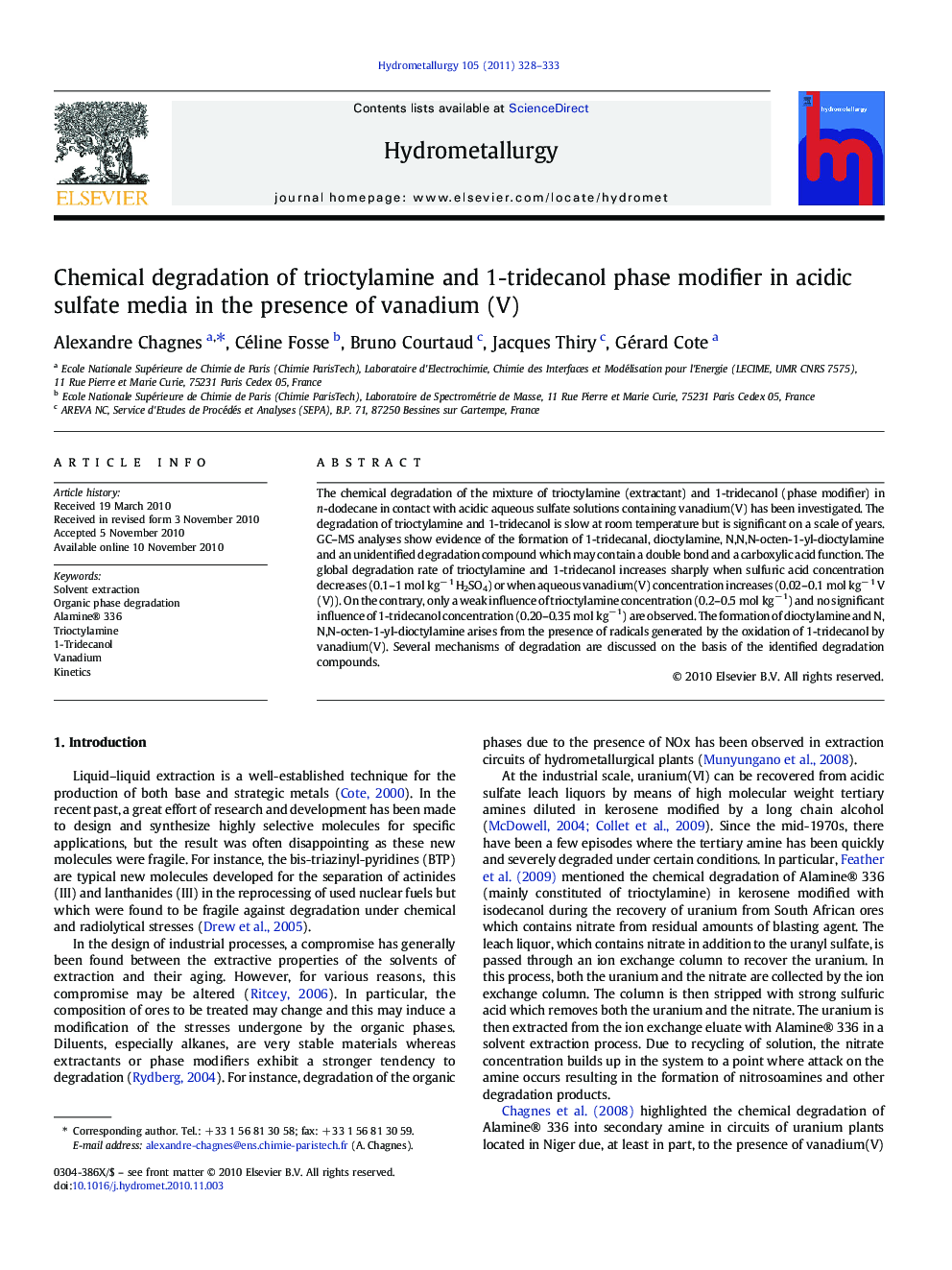 Chemical degradation of trioctylamine and 1-tridecanol phase modifier in acidic sulfate media in the presence of vanadium (V)