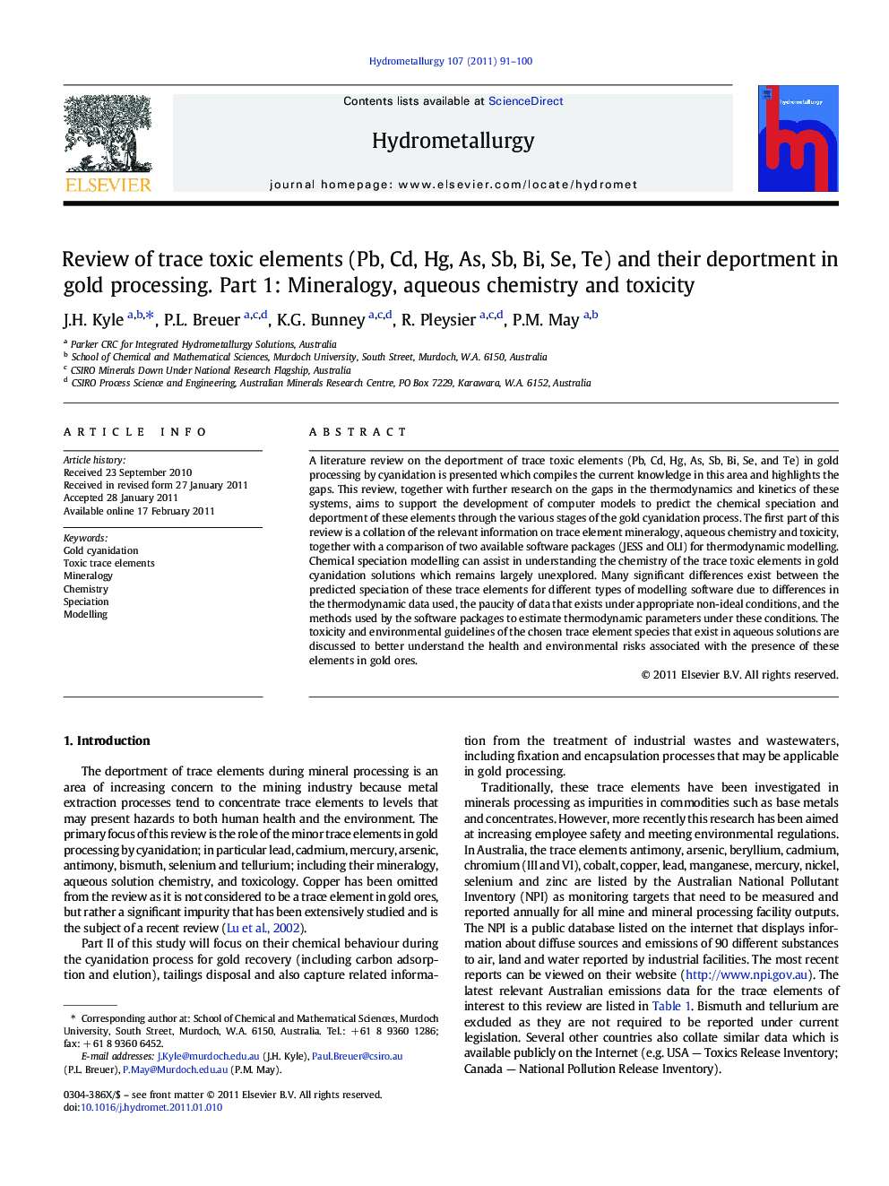 Review of trace toxic elements (Pb, Cd, Hg, As, Sb, Bi, Se, Te) and their deportment in gold processing. Part 1: Mineralogy, aqueous chemistry and toxicity