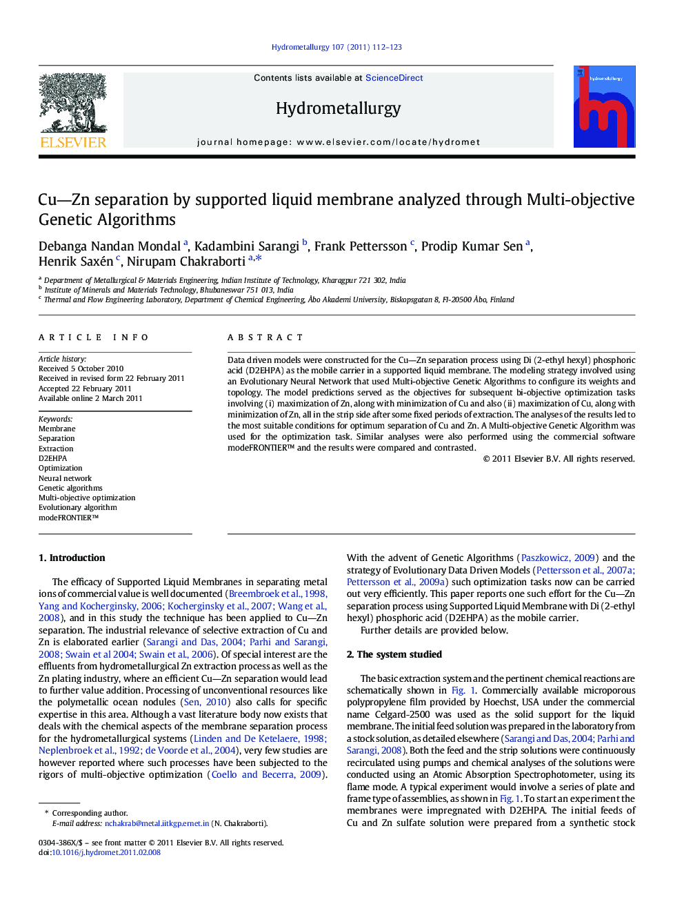 Cu―Zn separation by supported liquid membrane analyzed through Multi-objective Genetic Algorithms