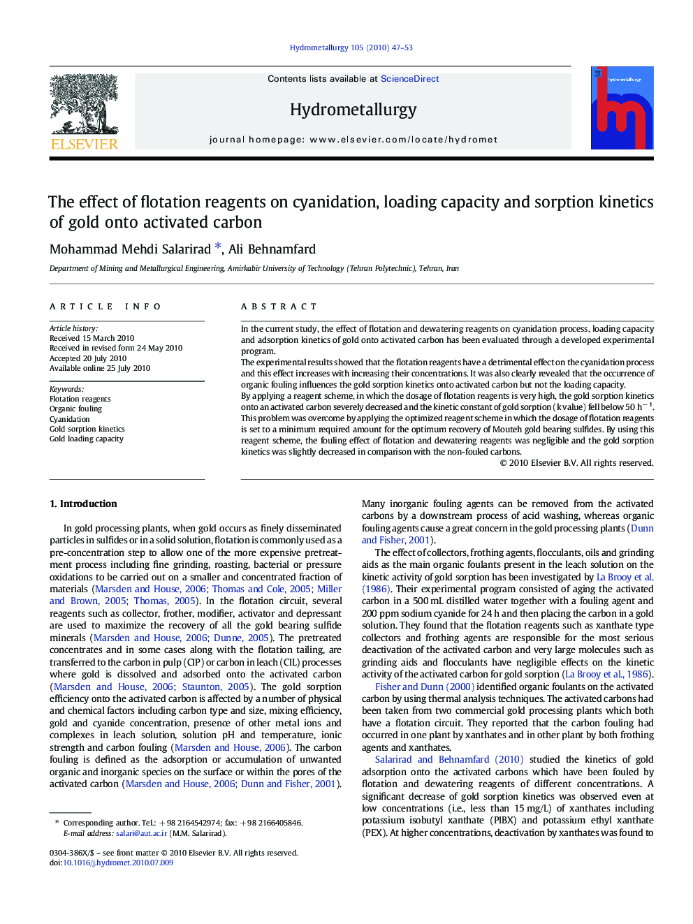 The effect of flotation reagents on cyanidation, loading capacity and sorption kinetics of gold onto activated carbon