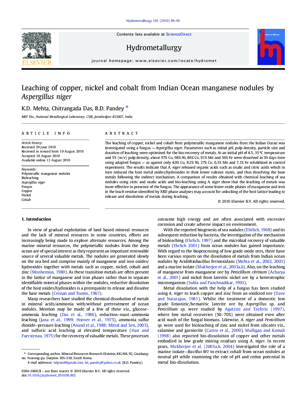 Leaching of copper, nickel and cobalt from Indian Ocean manganese nodules by Aspergillus niger