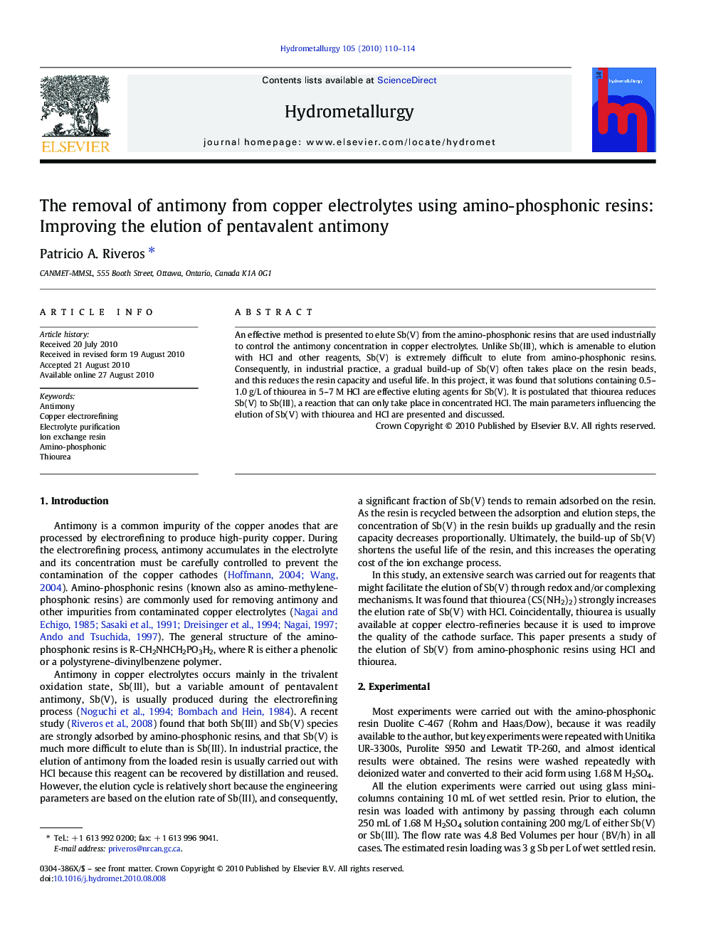 The removal of antimony from copper electrolytes using amino-phosphonic resins: Improving the elution of pentavalent antimony