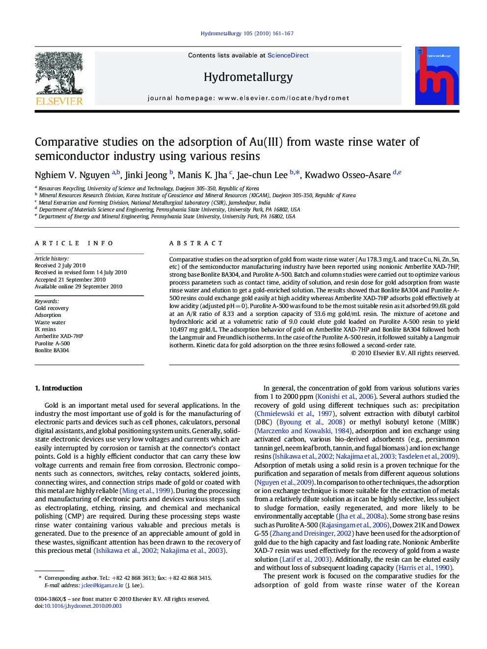 Comparative studies on the adsorption of Au(III) from waste rinse water of semiconductor industry using various resins