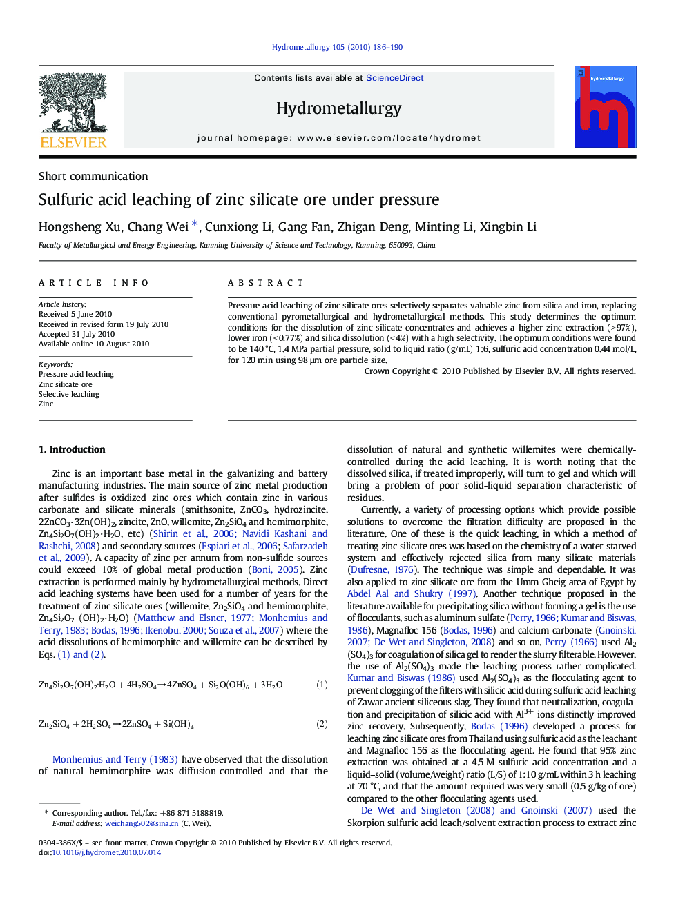 Sulfuric acid leaching of zinc silicate ore under pressure