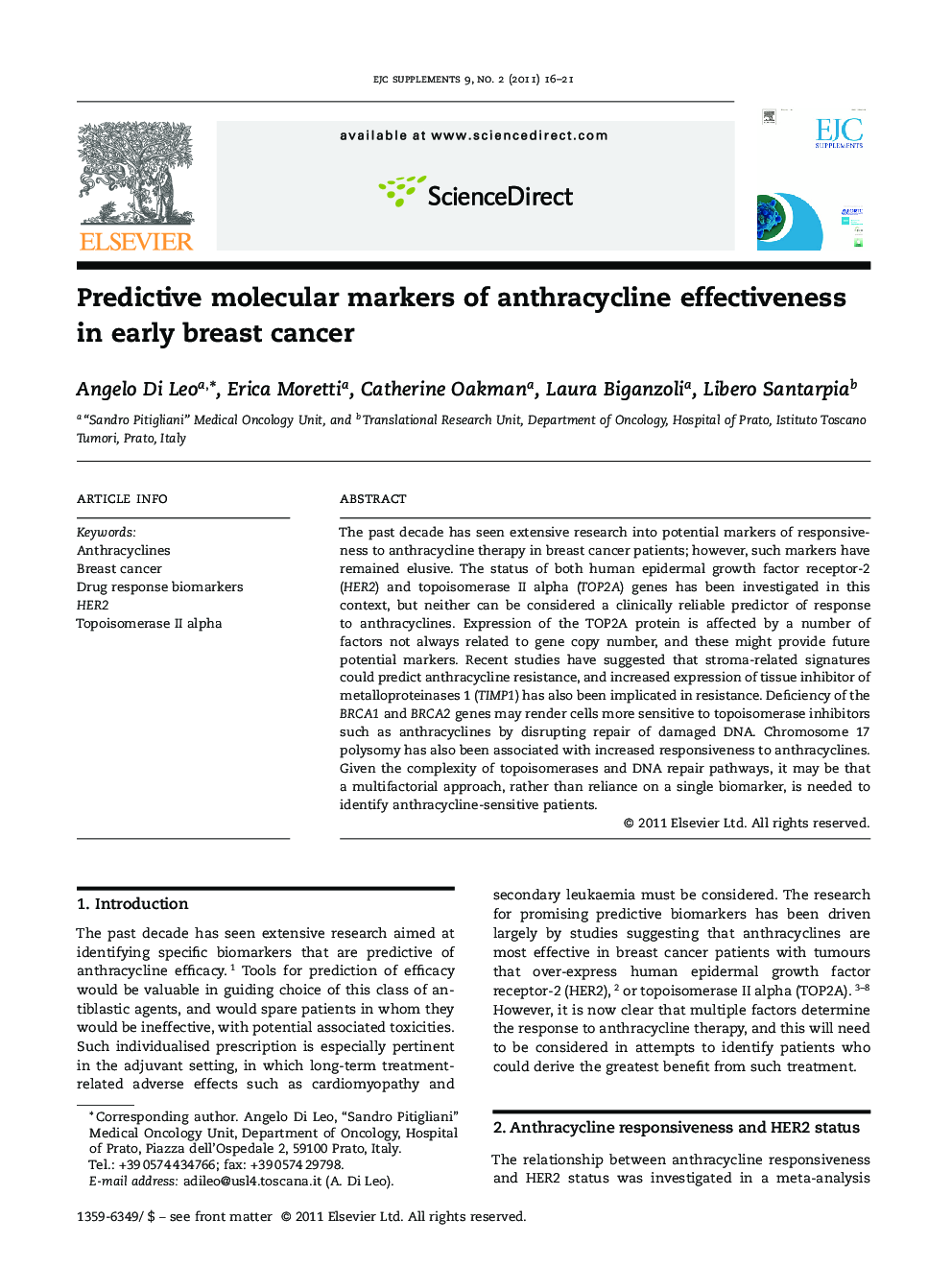 عکس صفحه اول مقاله: Predictive molecular markers of anthracycline effectiveness in early breast cancer Predictive molecular markers of anthracycline effectiveness in early breast cancer