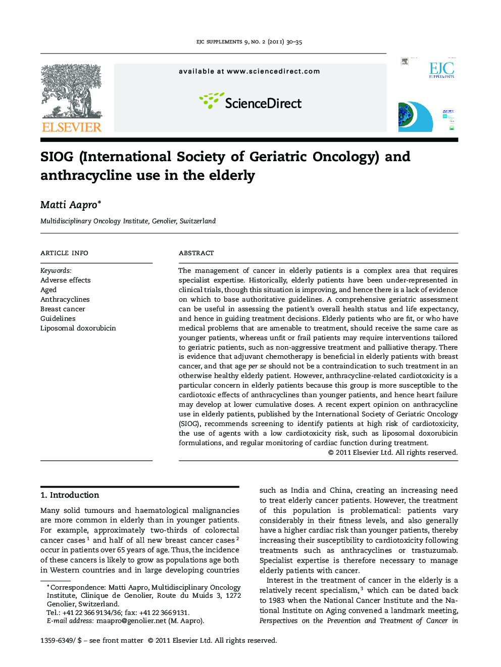 عکس صفحه اول مقاله: SIOG (International Society of Geriatric Oncology) and anthracycline use in the elderly SIOG (International Society of Geriatric Oncology) and anthracycline use in the elderly