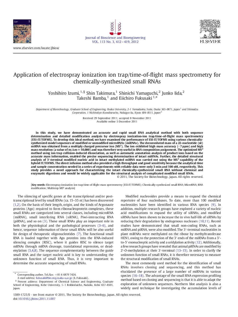 Application of electrospray ionization ion trap/time-of-flight mass spectrometry for chemically-synthesized small RNAs