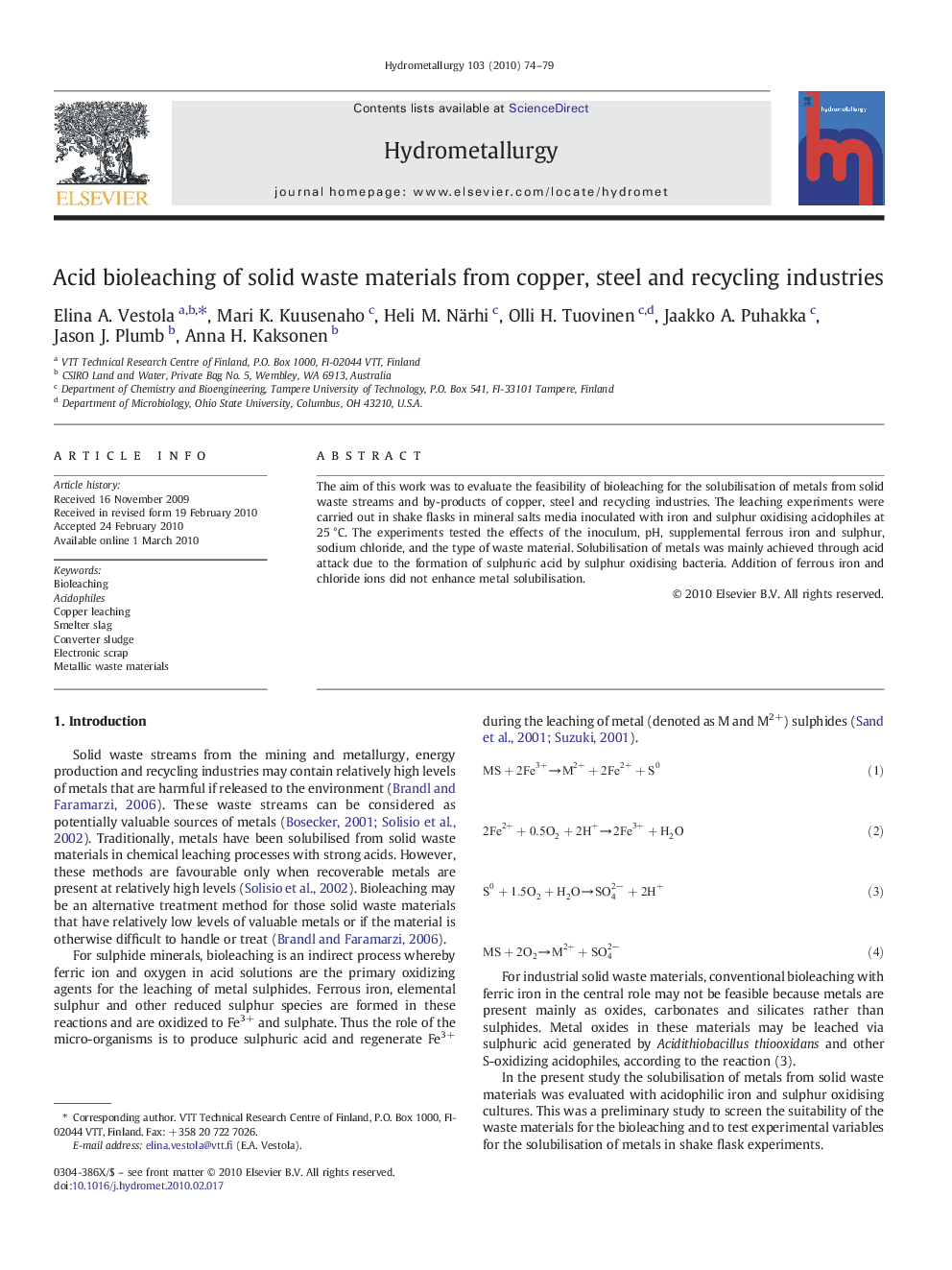 Acid bioleaching of solid waste materials from copper, steel and recycling industries