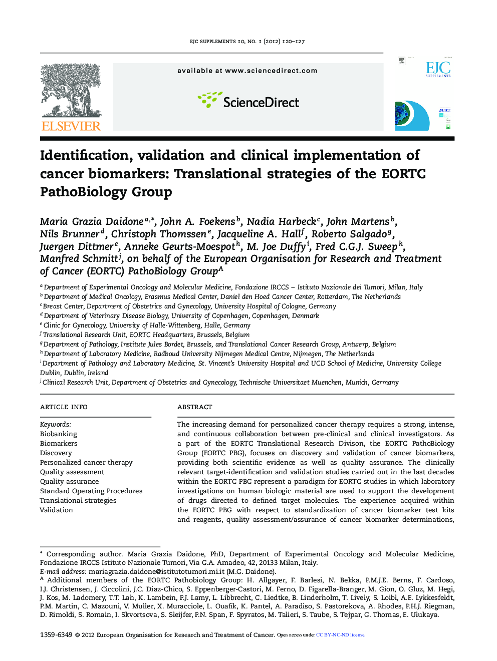 Identification, validation and clinical implementation of cancer biomarkers: Translational strategies of the EORTC PathoBiology Group