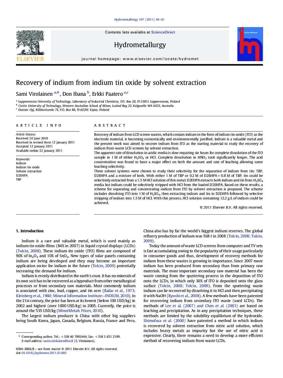 Recovery of indium from indium tin oxide by solvent extraction