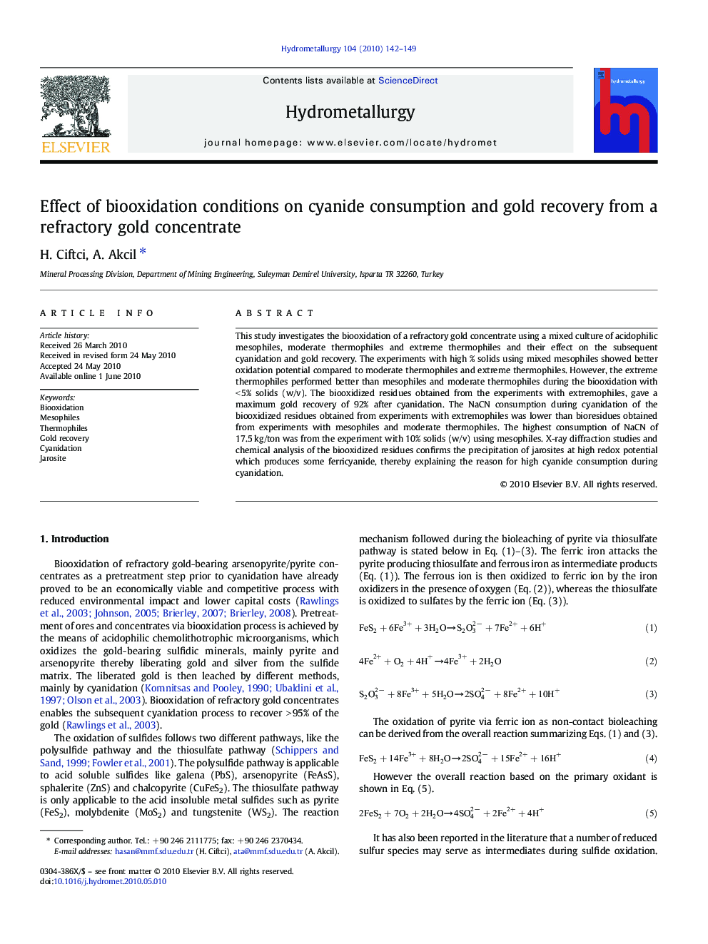 Effect of biooxidation conditions on cyanide consumption and gold recovery from a refractory gold concentrate