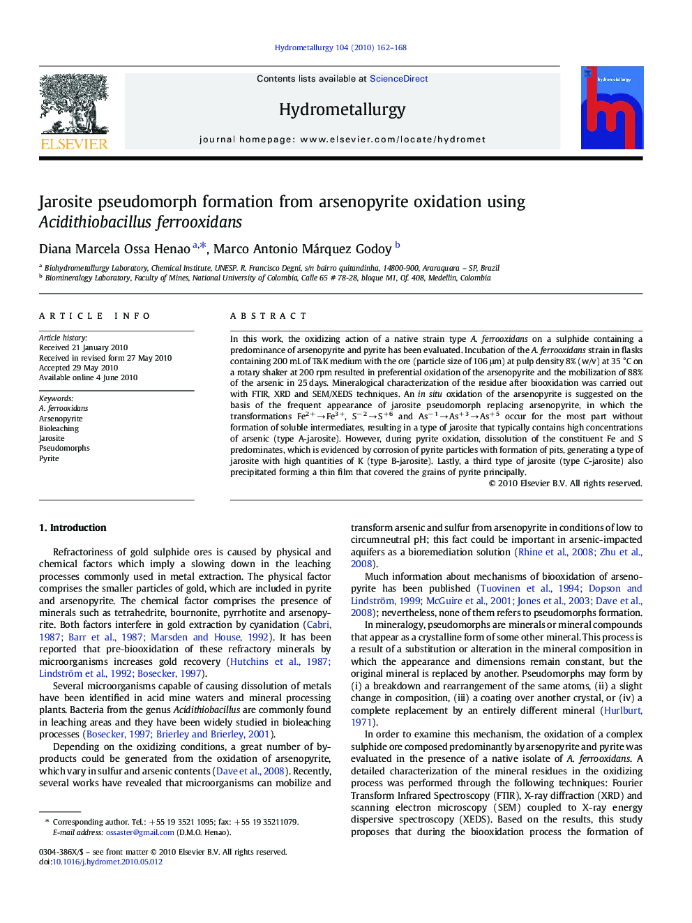 Jarosite pseudomorph formation from arsenopyrite oxidation using Acidithiobacillus ferrooxidans