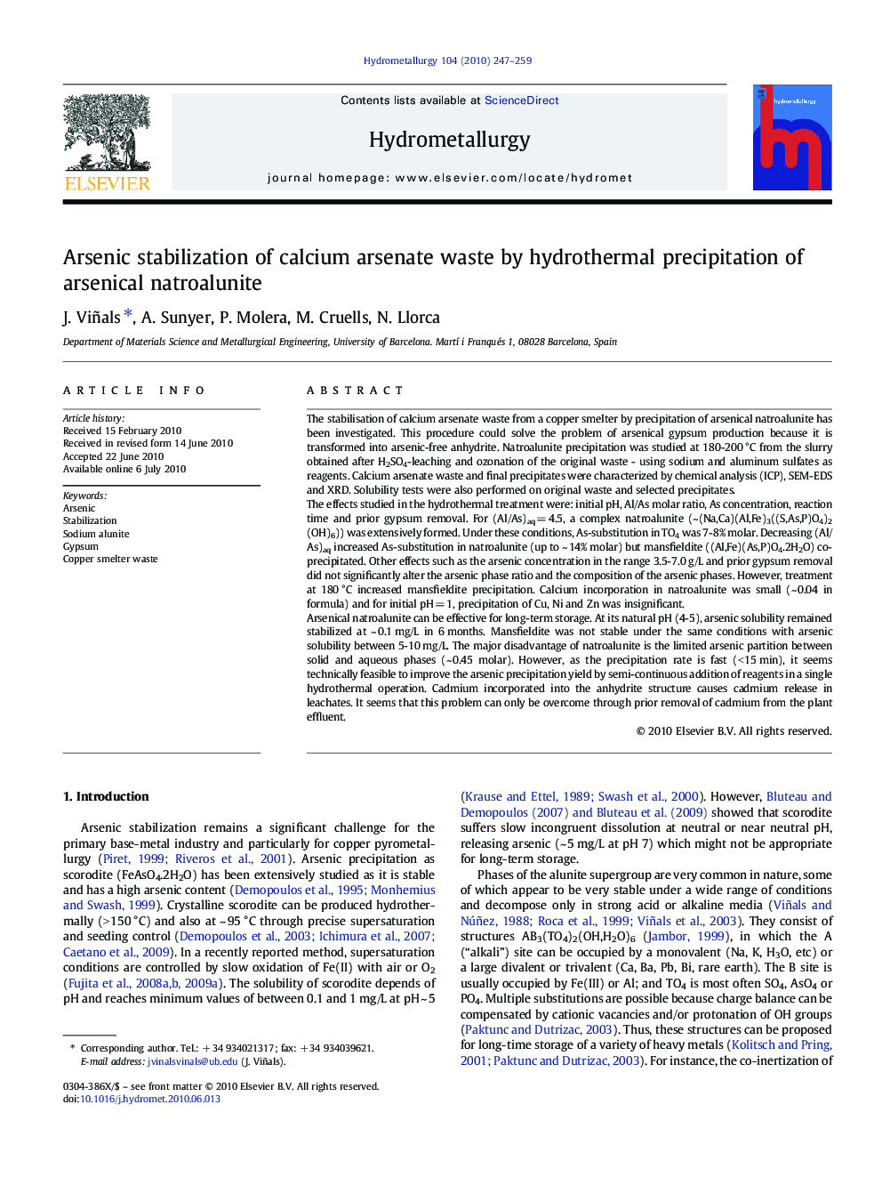 عکس صفحه اول مقاله: Arsenic stabilization of calcium arsenate waste by hydrothermal precipitation of arsenical natroalunite Arsenic stabilization of calcium arsenate waste by hydrothermal precipitation of arsenical natroalunite