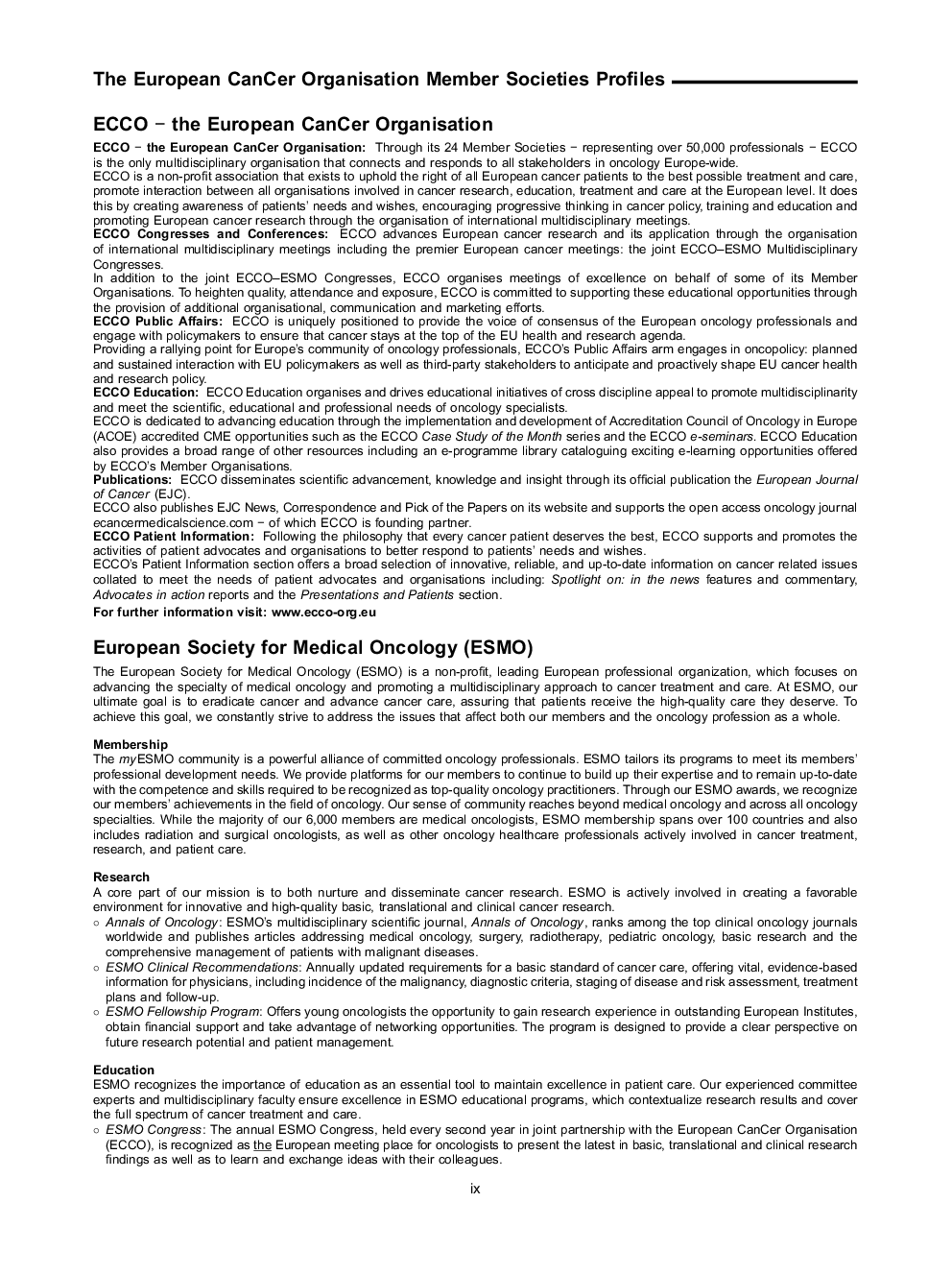 The European CanCer Organisation Member Societies Profiles