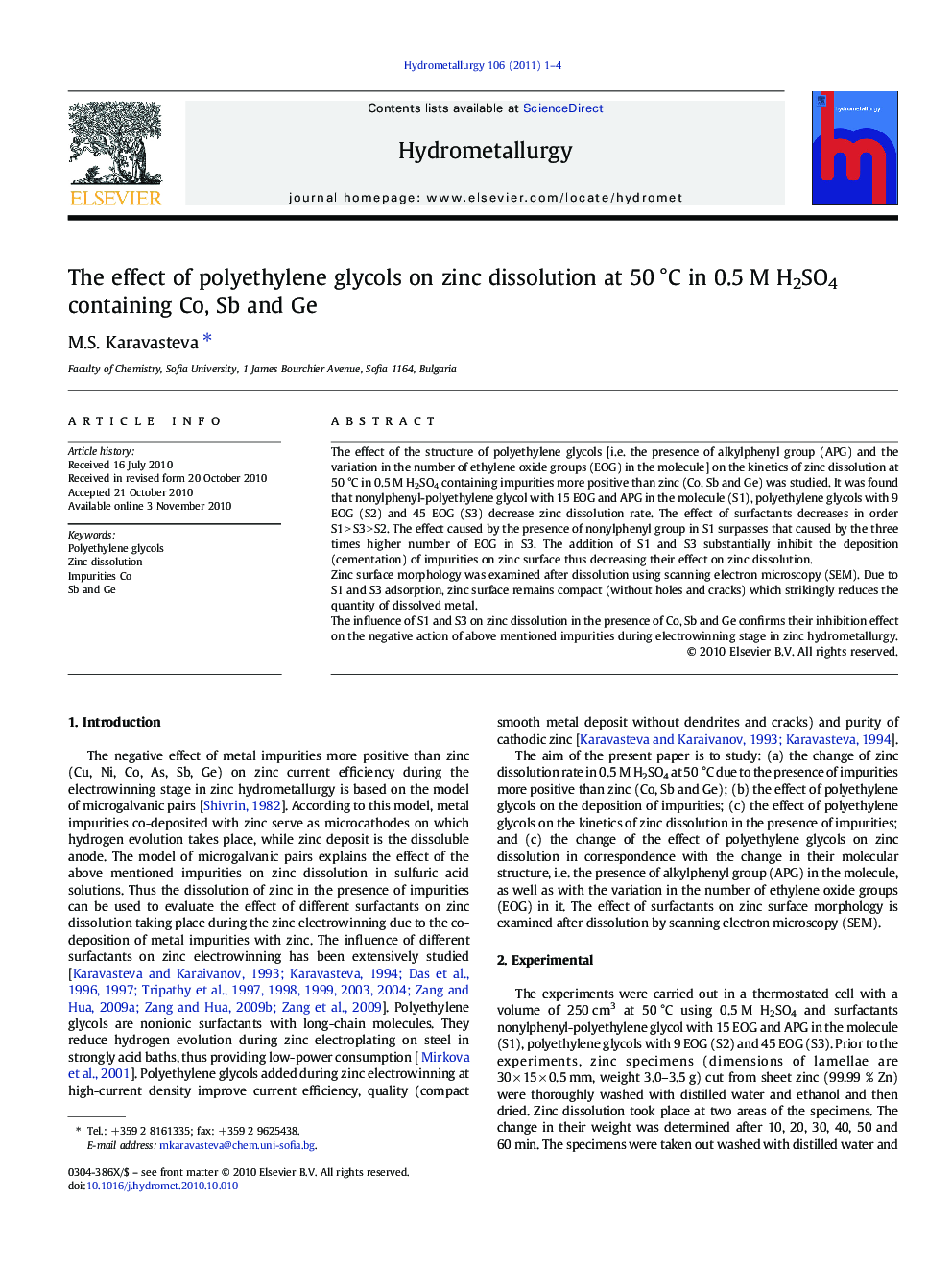 The effect of polyethylene glycols on zinc dissolution at 50 °C in 0.5 M H2SO4 containing Co, Sb and Ge