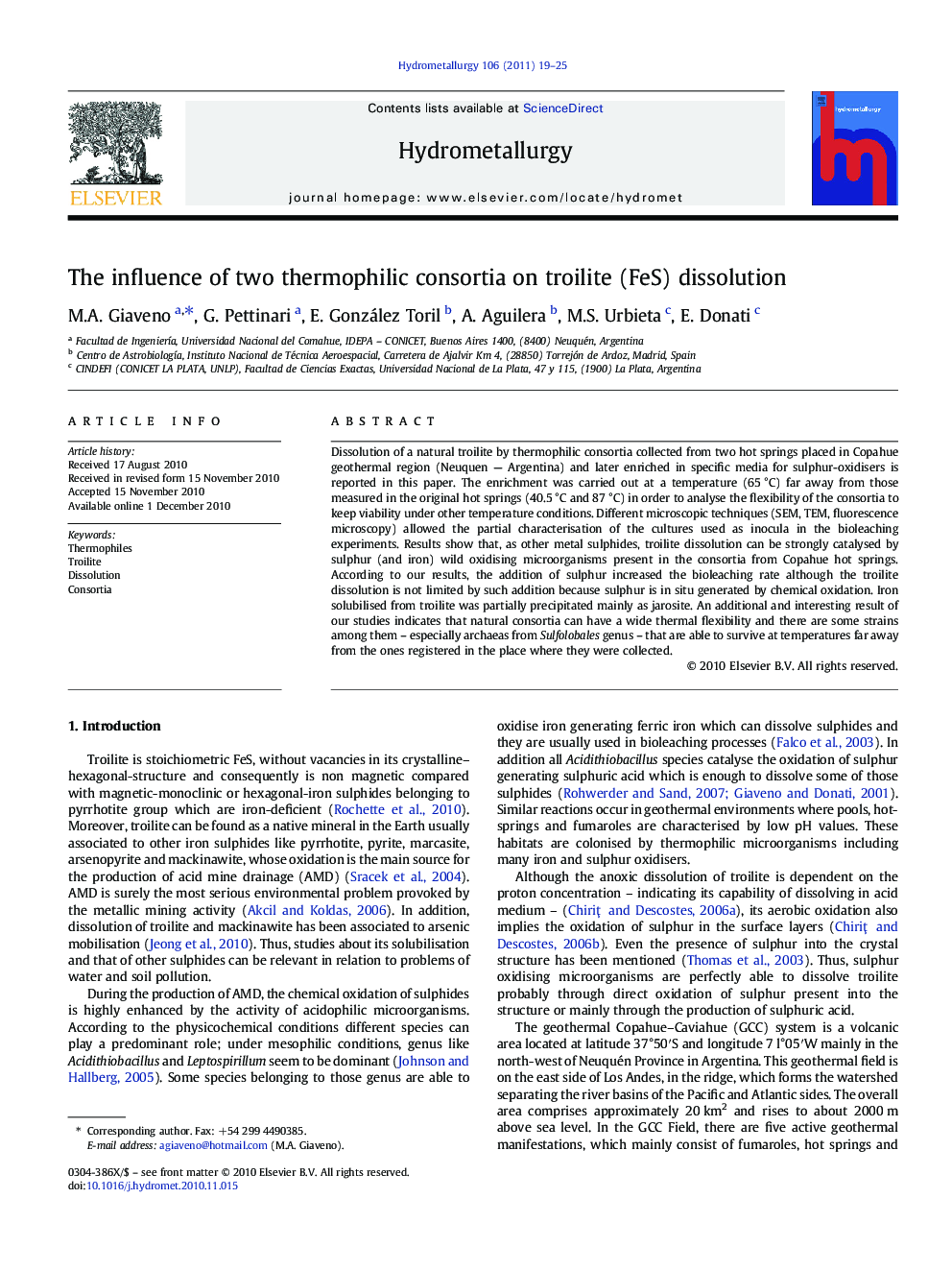 The influence of two thermophilic consortia on troilite (FeS) dissolution