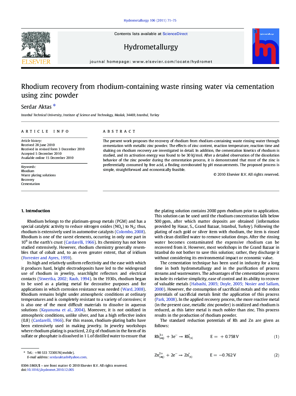 Rhodium recovery from rhodium-containing waste rinsing water via cementation using zinc powder