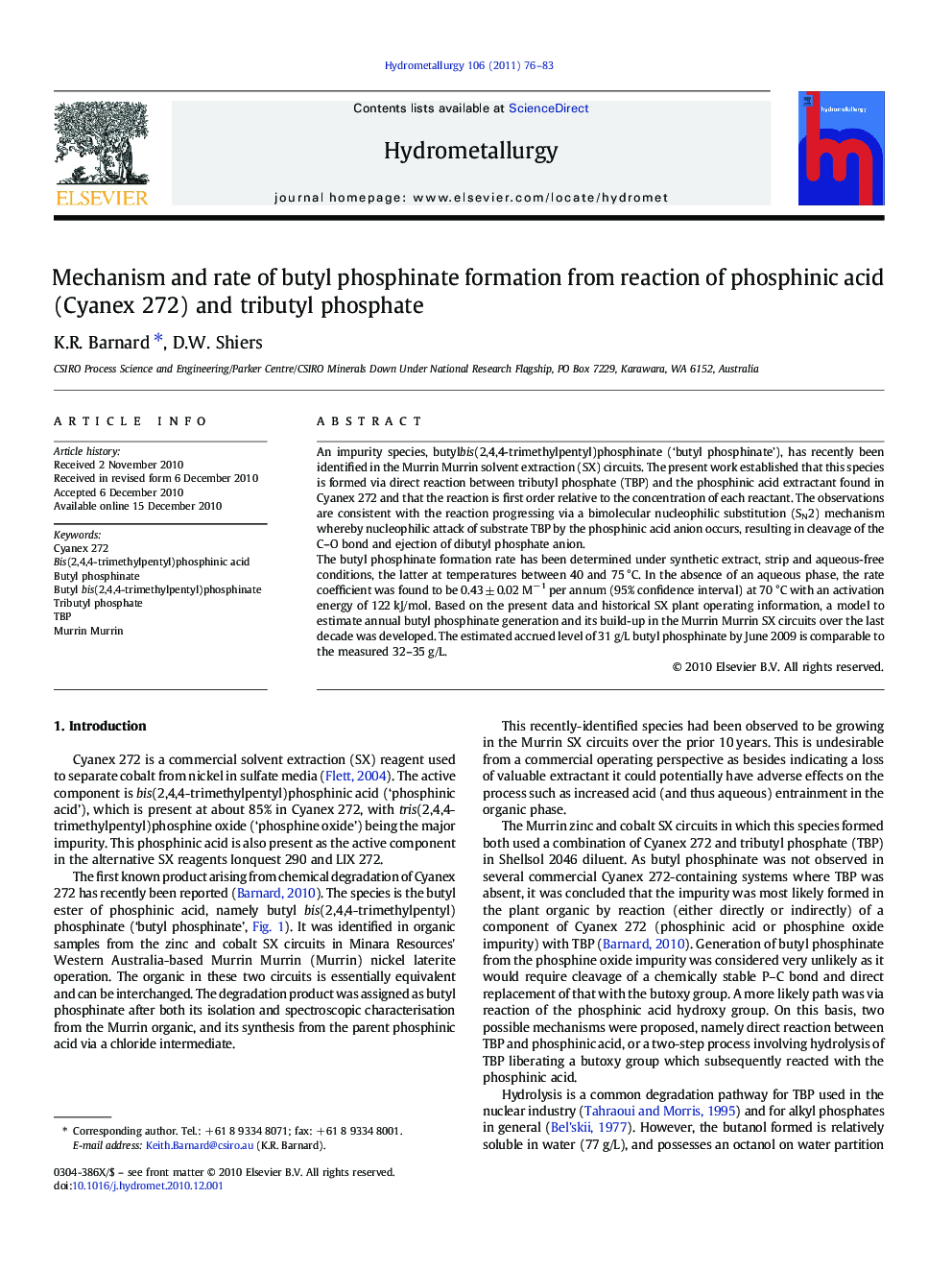 Mechanism and rate of butyl phosphinate formation from reaction of phosphinic acid (Cyanex 272) and tributyl phosphate