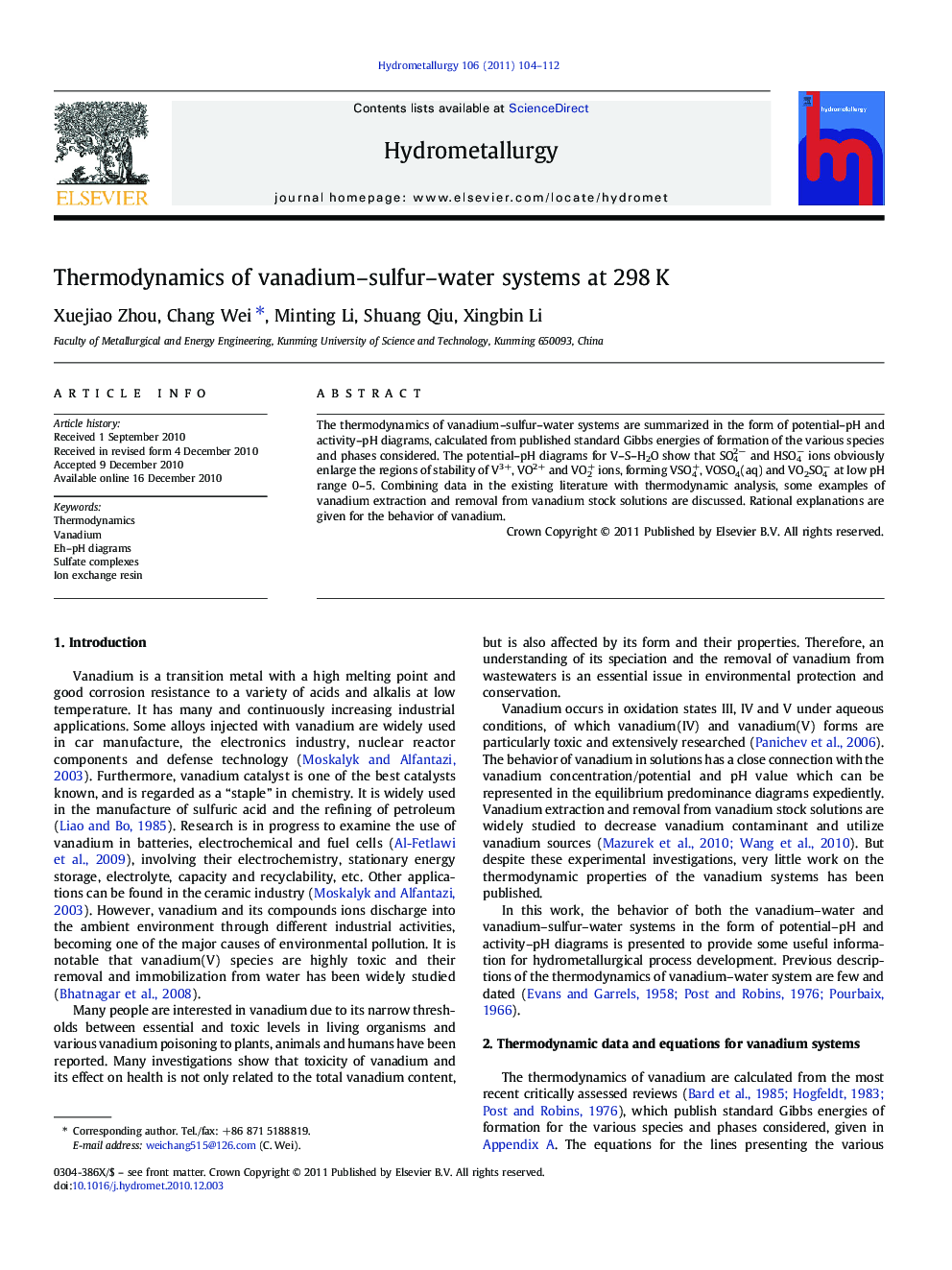 Thermodynamics of vanadium–sulfur–water systems at 298 K