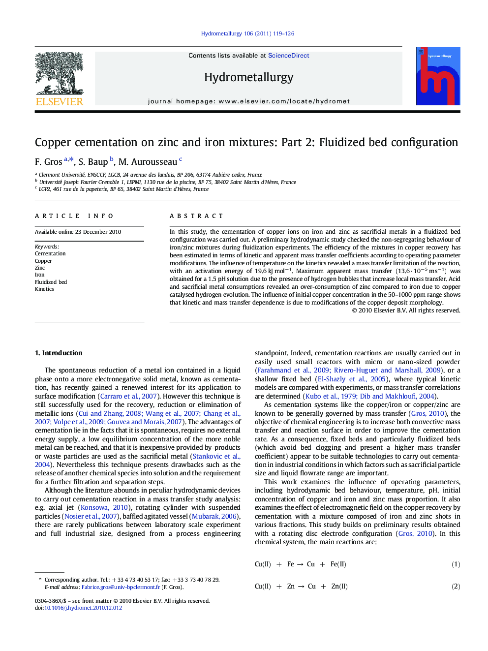 Copper cementation on zinc and iron mixtures: Part 2: Fluidized bed configuration