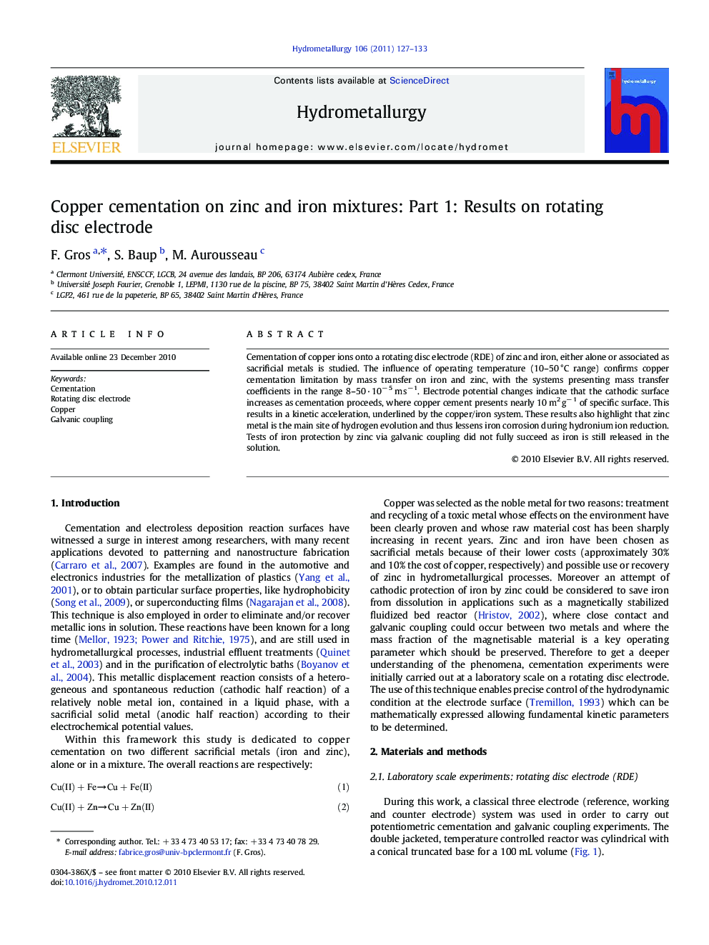 Copper cementation on zinc and iron mixtures: Part 1: Results on rotating disc electrode