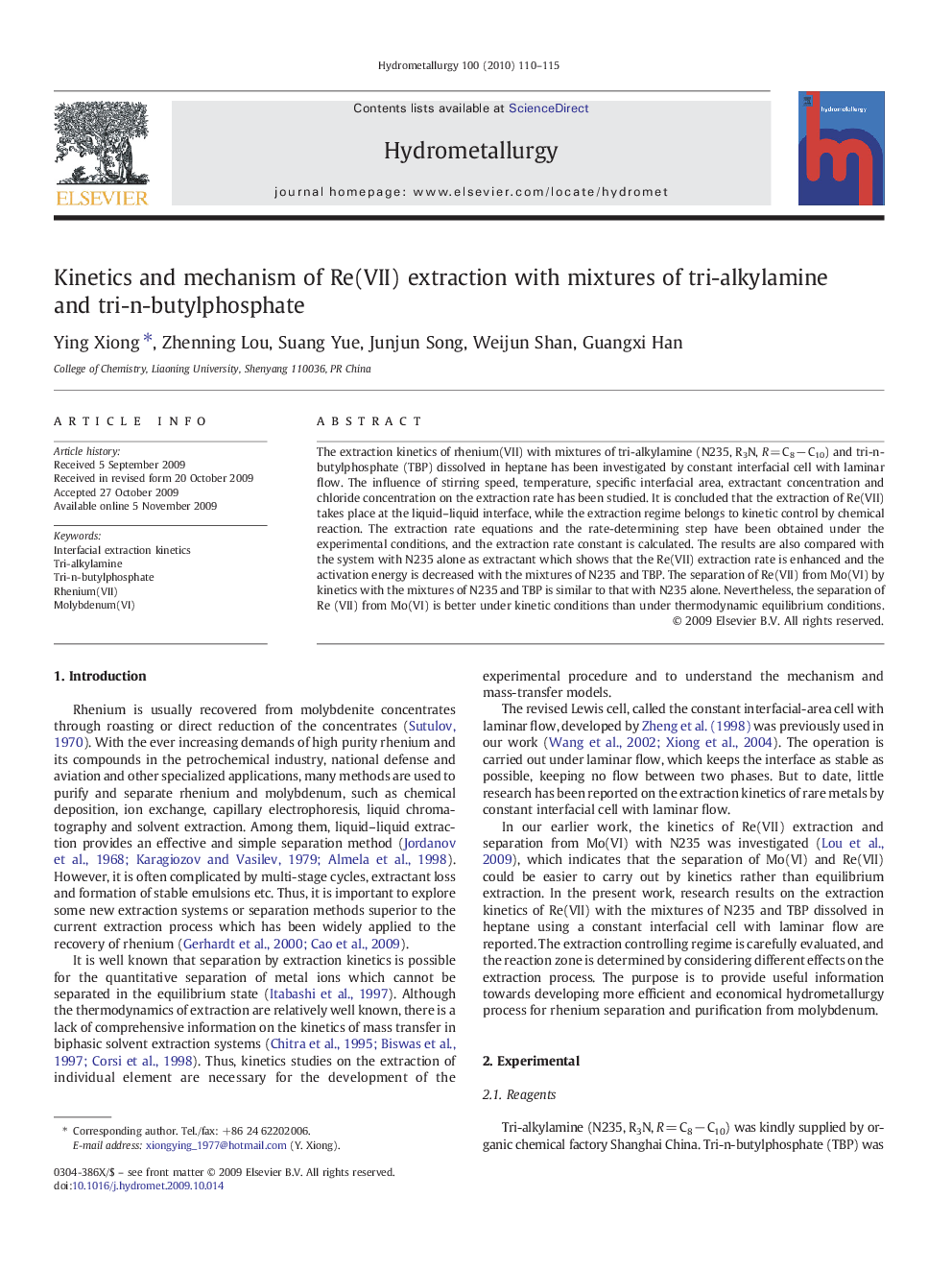 عکس صفحه اول مقاله: Kinetics and mechanism of Re(VII) extraction with mixtures of tri-alkylamine and tri-n-butylphosphate Kinetics and mechanism of Re(VII) extraction with mixtures of tri-alkylamine and tri-n-butylphosphate