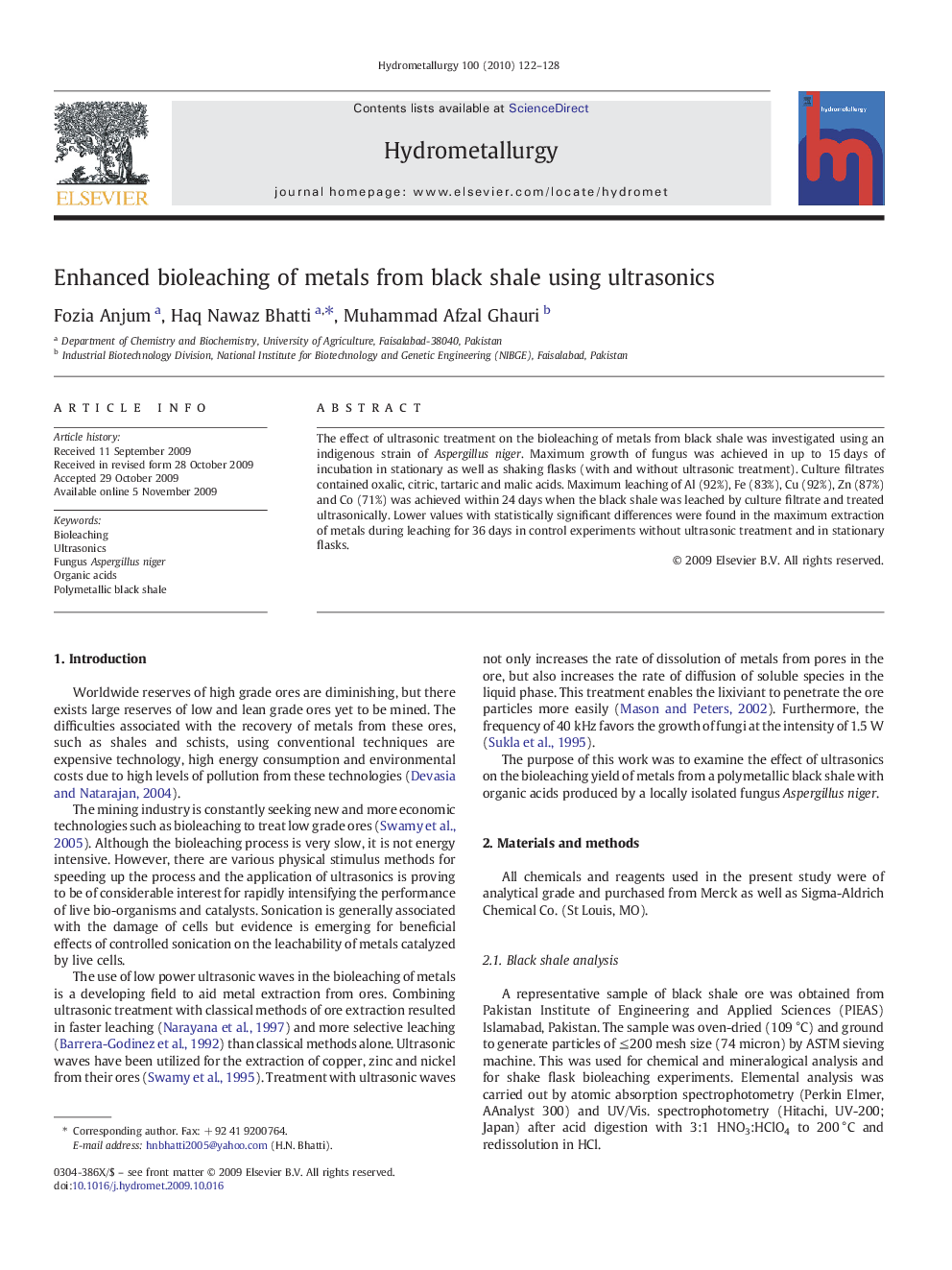 Enhanced bioleaching of metals from black shale using ultrasonics