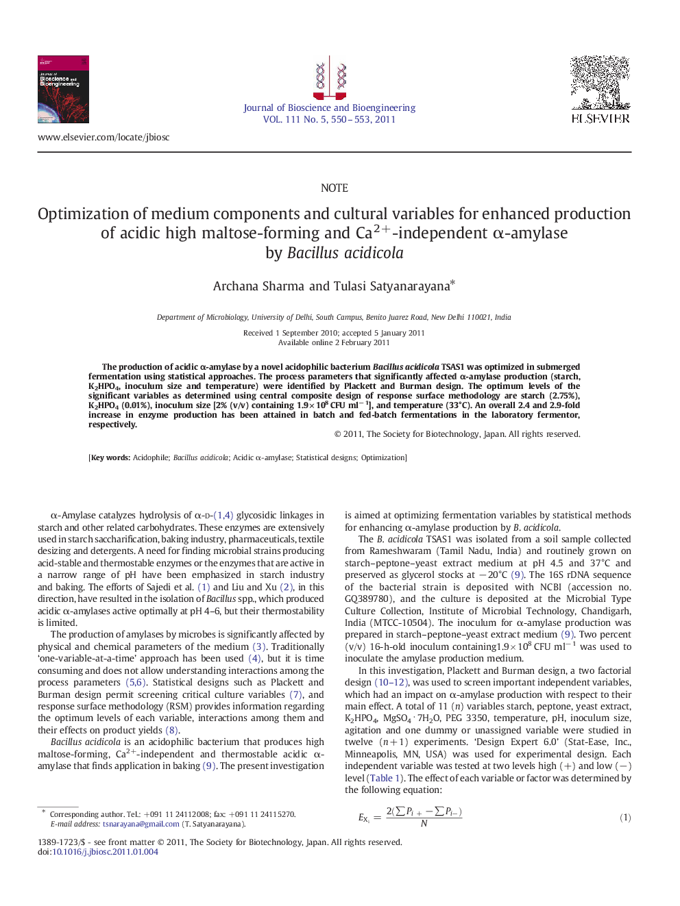 Optimization of medium components and cultural variables for enhanced production of acidic high maltose-forming and Ca2+-independent α-amylase by Bacillus acidicola