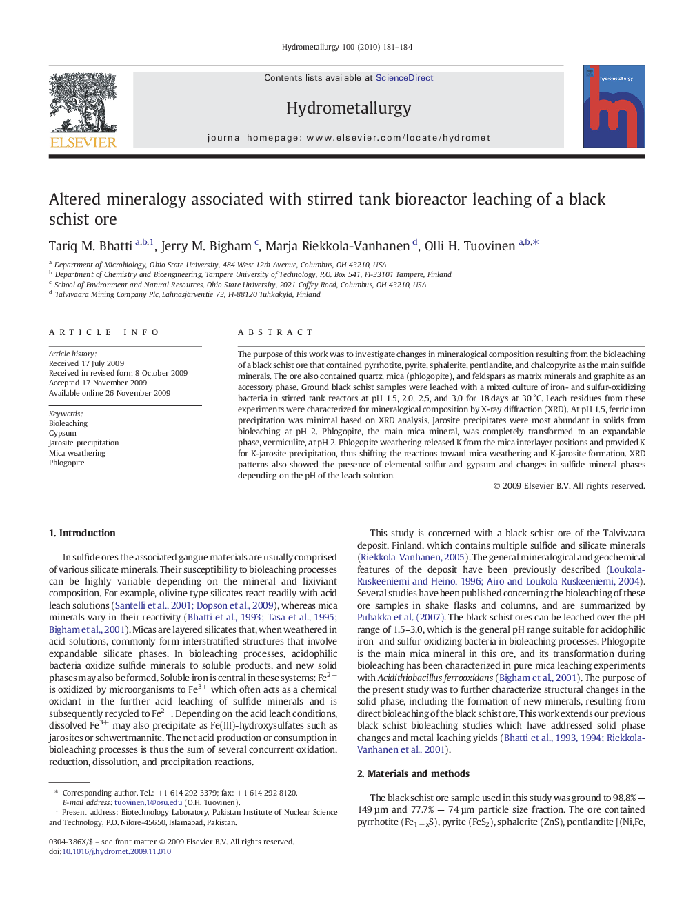 Altered mineralogy associated with stirred tank bioreactor leaching of a black schist ore