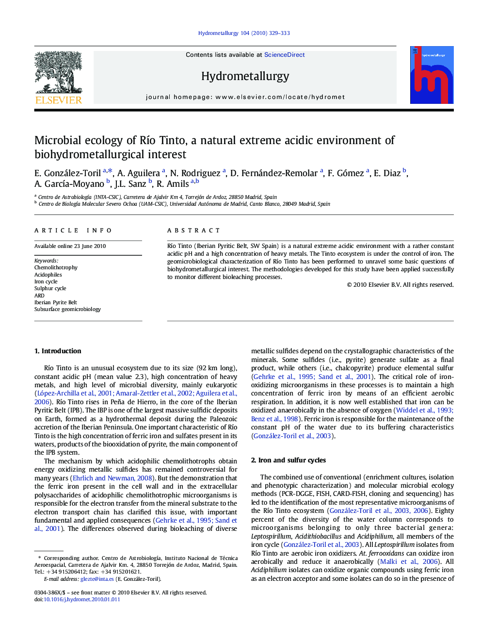 Microbial ecology of Río Tinto, a natural extreme acidic environment of biohydrometallurgical interest