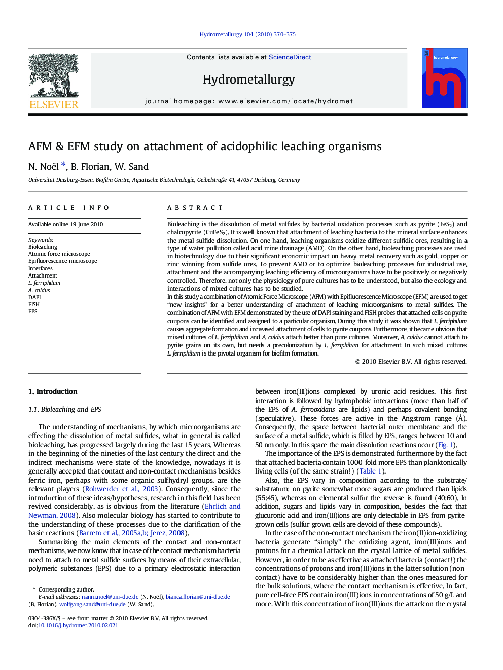 AFM & EFM study on attachment of acidophilic leaching organisms