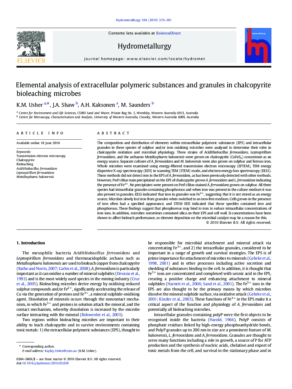 Elemental analysis of extracellular polymeric substances and granules in chalcopyrite bioleaching microbes