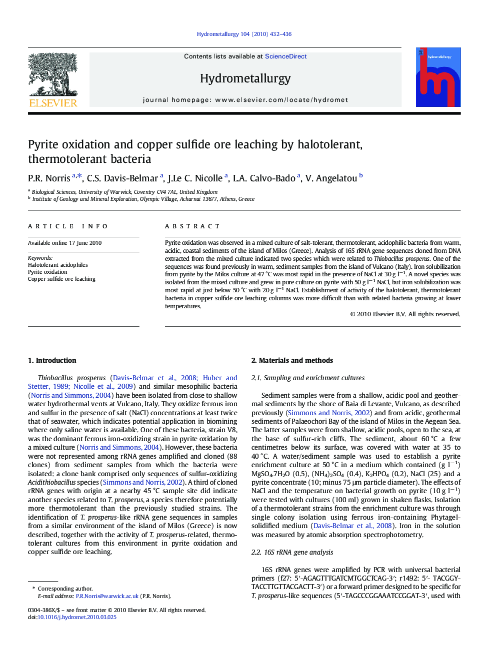 Pyrite oxidation and copper sulfide ore leaching by halotolerant, thermotolerant bacteria