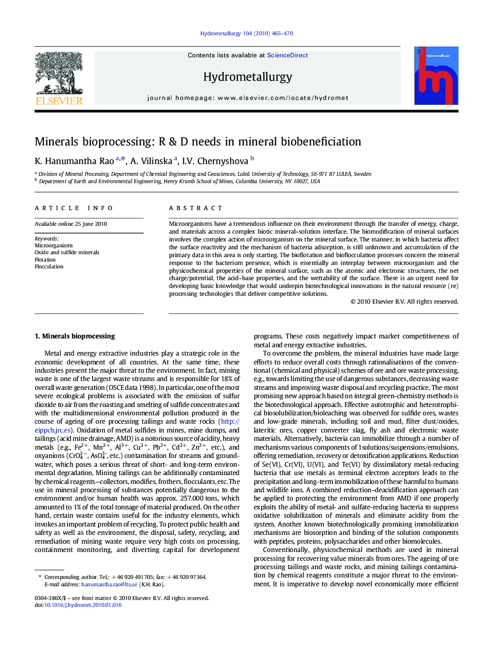 Minerals bioprocessing: R & D needs in mineral biobeneficiation