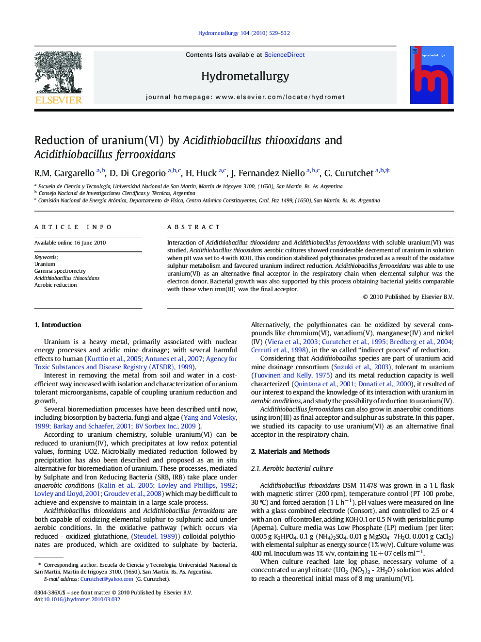 عکس صفحه اول مقاله: Reduction of uranium(VI) by Acidithiobacillus thiooxidans and Acidithiobacillus ferrooxidans Reduction of uranium(VI) by Acidithiobacillus thiooxidans and Acidithiobacillus ferrooxidans