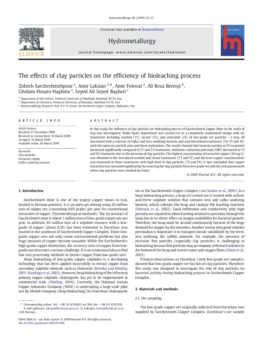 The effects of clay particles on the efficiency of bioleaching process