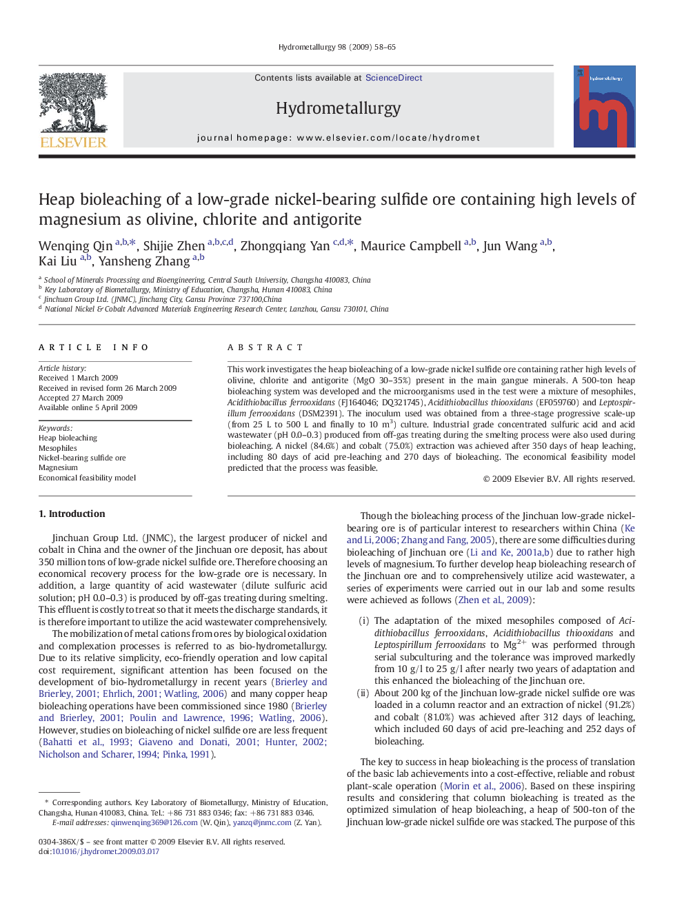 Heap bioleaching of a low-grade nickel-bearing sulfide ore containing high levels of magnesium as olivine, chlorite and antigorite