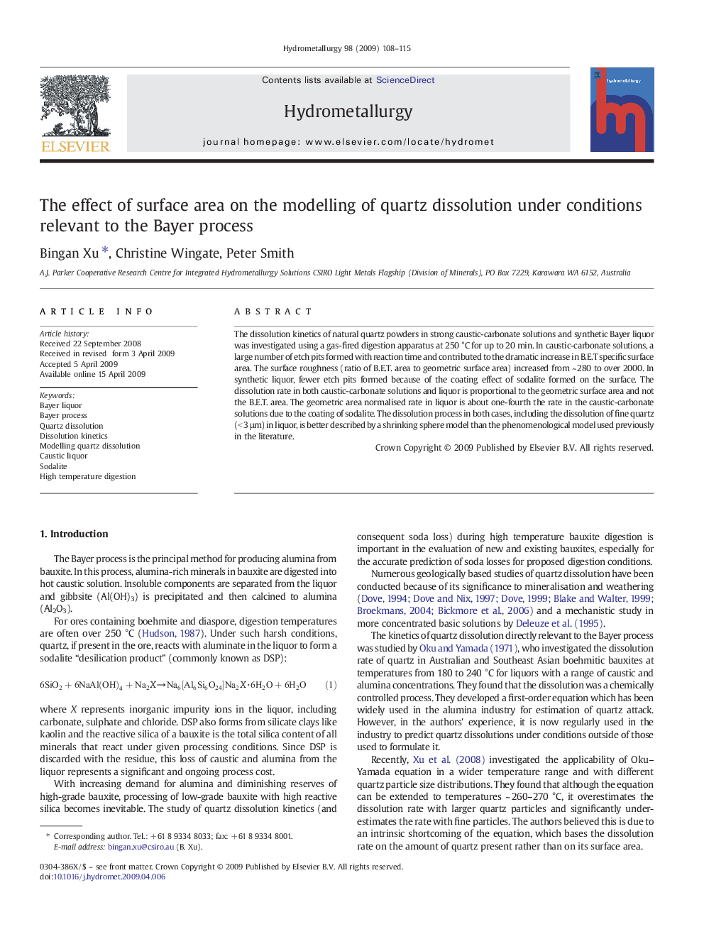 The effect of surface area on the modelling of quartz dissolution under conditions relevant to the Bayer process