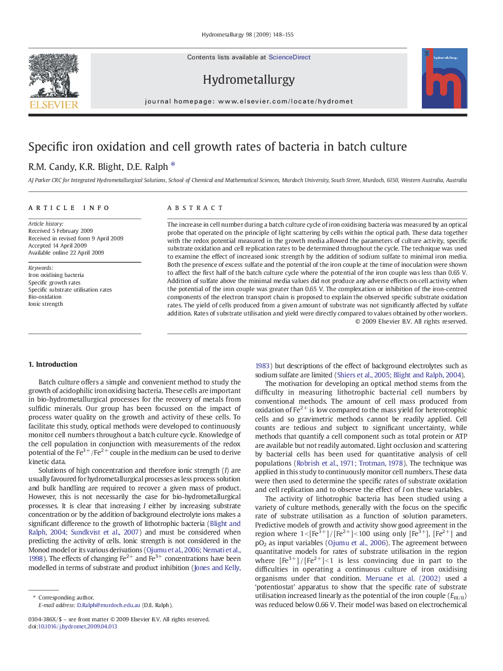 Specific iron oxidation and cell growth rates of bacteria in batch culture