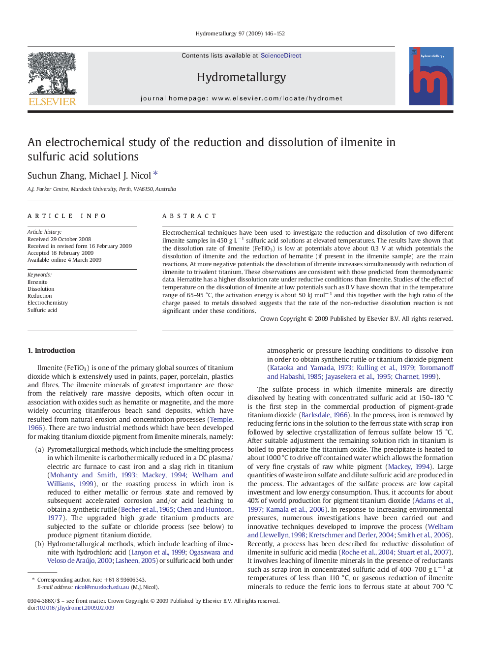 An electrochemical study of the reduction and dissolution of ilmenite in sulfuric acid solutions