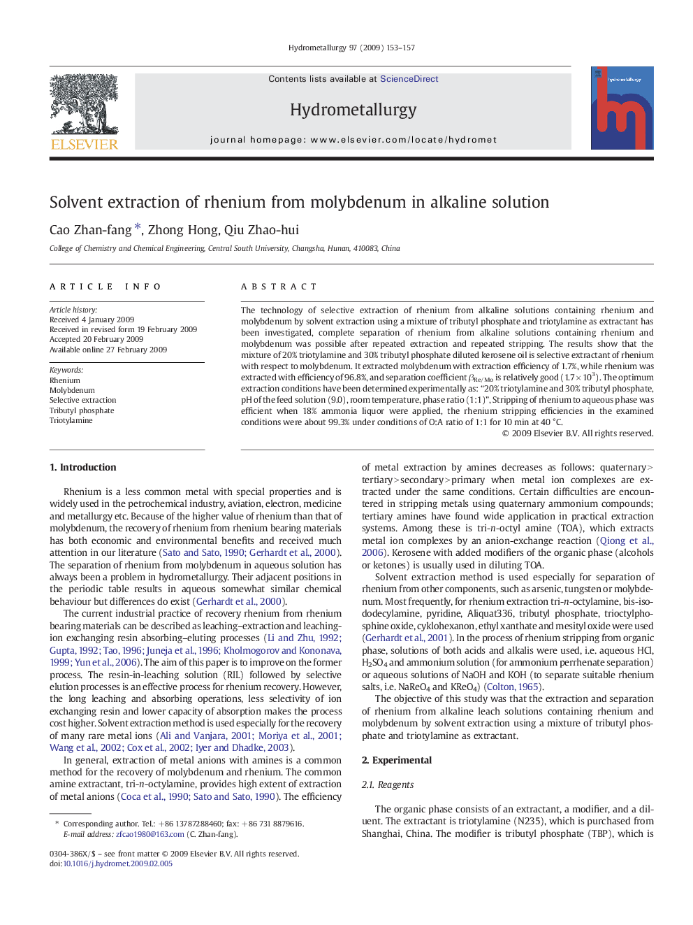 Solvent extraction of rhenium from molybdenum in alkaline solution