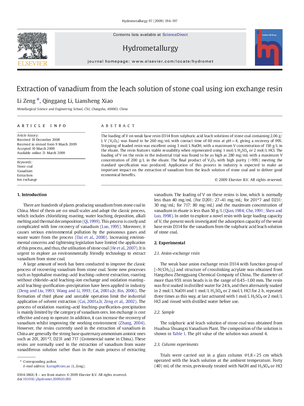 Extraction of vanadium from the leach solution of stone coal using ion exchange resin