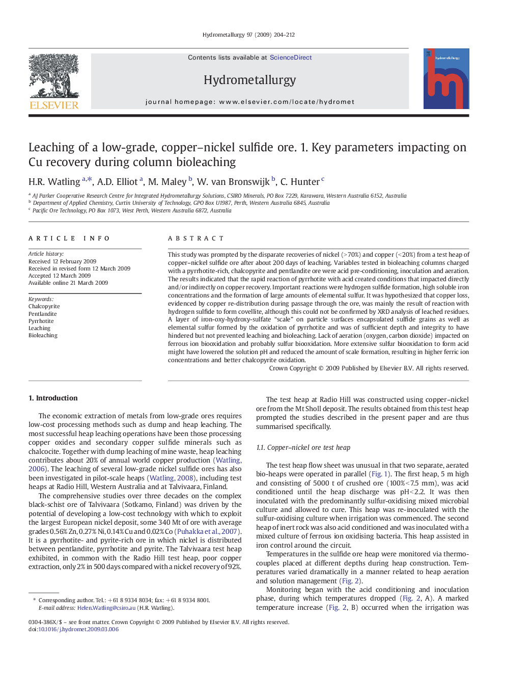 Leaching of a low-grade, copper–nickel sulfide ore. 1. Key parameters impacting on Cu recovery during column bioleaching