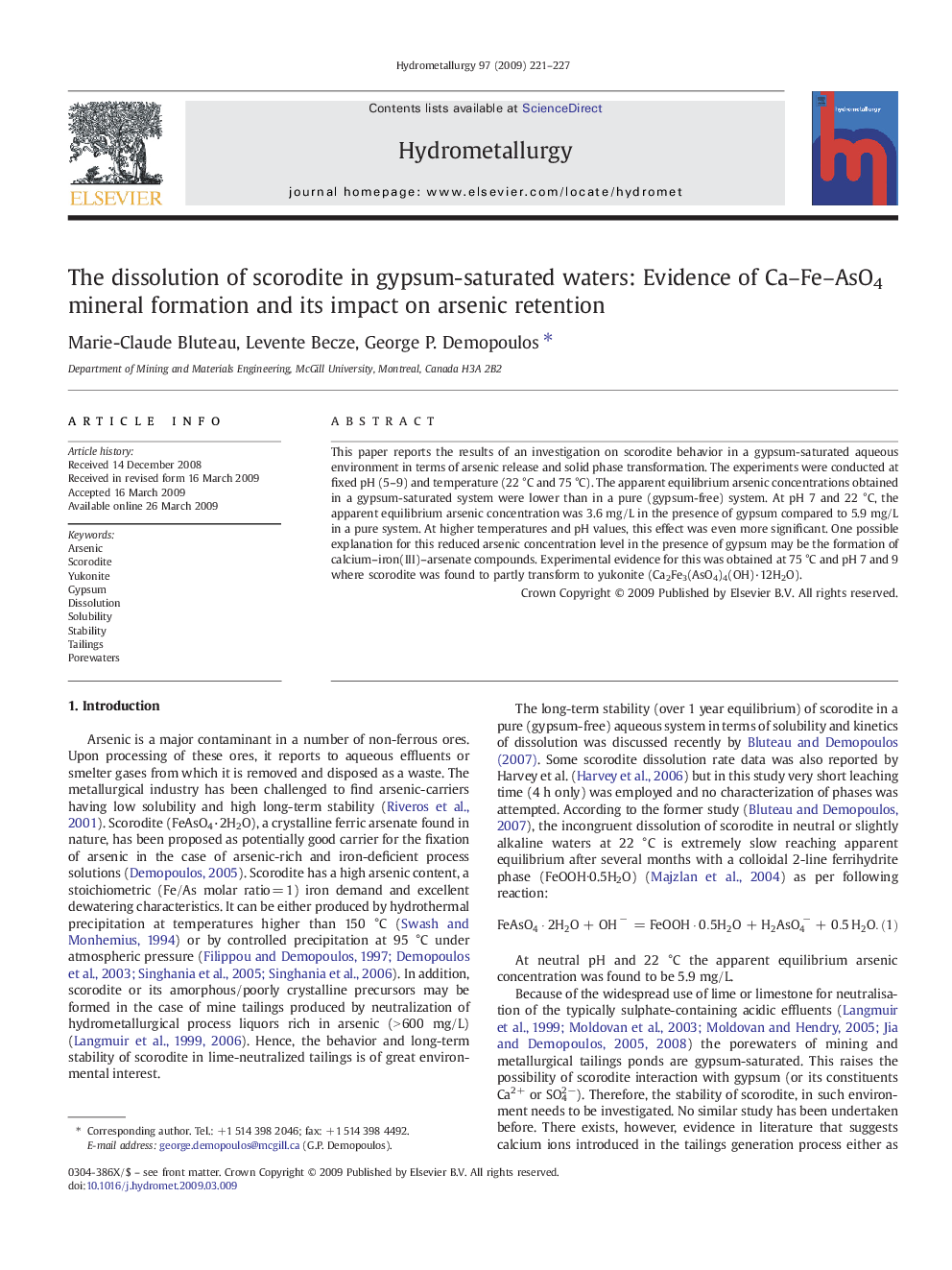 The dissolution of scorodite in gypsum-saturated waters: Evidence of Ca–Fe–AsO4 mineral formation and its impact on arsenic retention