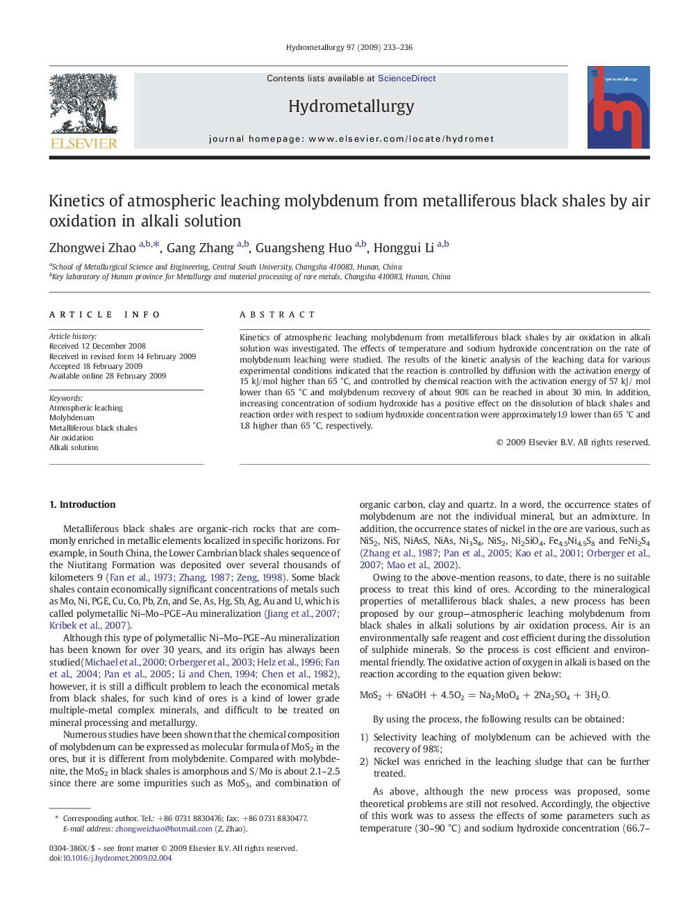 Kinetics of atmospheric leaching molybdenum from metalliferous black shales by air oxidation in alkali solution